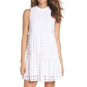 Lilly Pulitzer Indira Swing Dress Resort White Eyelet Mock Neck Tiered Size S
